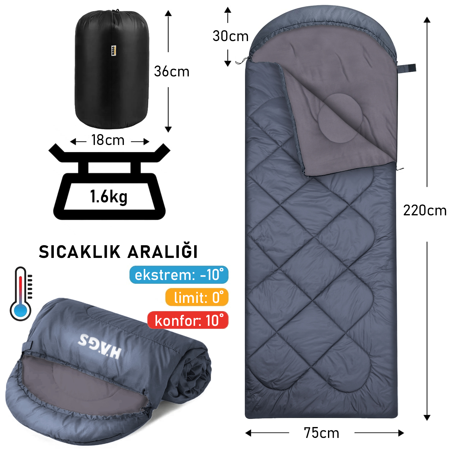 Haegs Uyku Tulumu Polar Battaniye Kamp Uyku Tulumu Outdoor Dış Mekan 3 - 4 Mevsim Yazlık Uyku Tulumu - Kış Uyku Tulumu Ultra Hafif Sıcak ve Kompakt - Polar -Antrasit 2