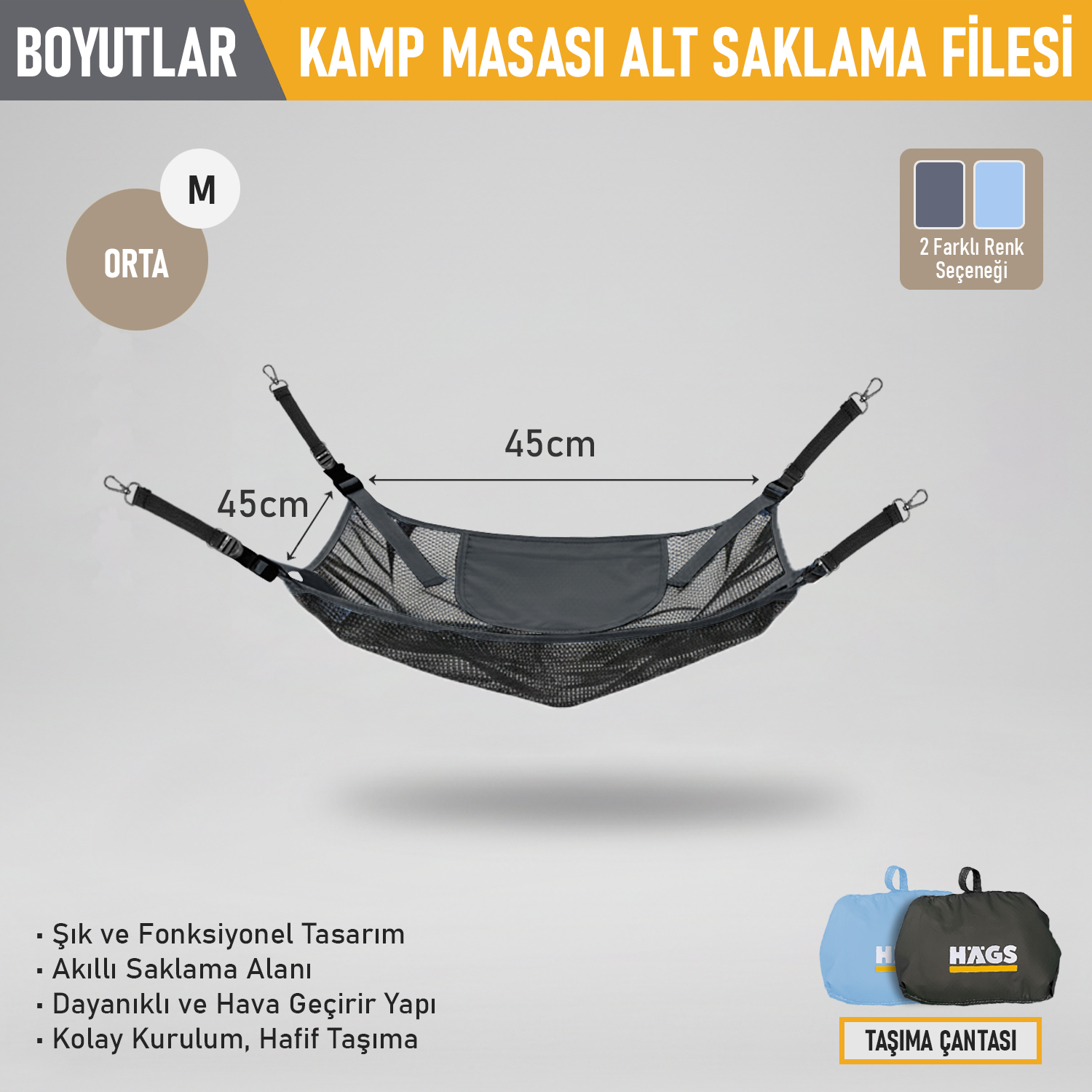 Masa Altı Saklama Filesi Kamp Piknik Outdoor için Masa Altı Kamp Malzemeleri Eşya Depolama Düzenleyici Organizer Kese Hurç File - M - 45x45 cm - Gri 2
