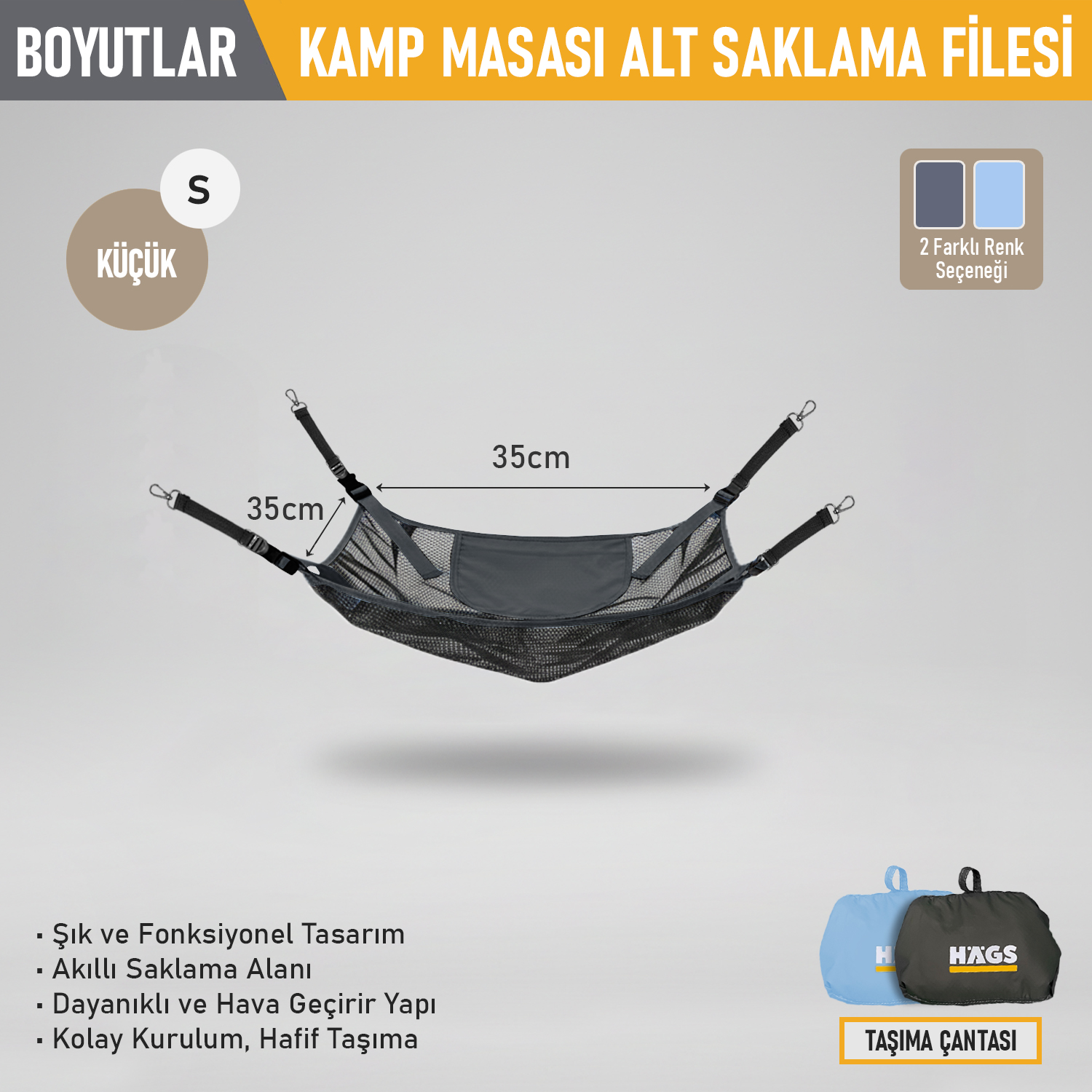 Masa Altı Saklama Filesi Kamp Piknik Outdoor için Masa Altı Kamp Malzemeleri Eşya Depolama Düzenleyici Organizer Kese Hurç File - S- 35x35 cm - Mavi 2