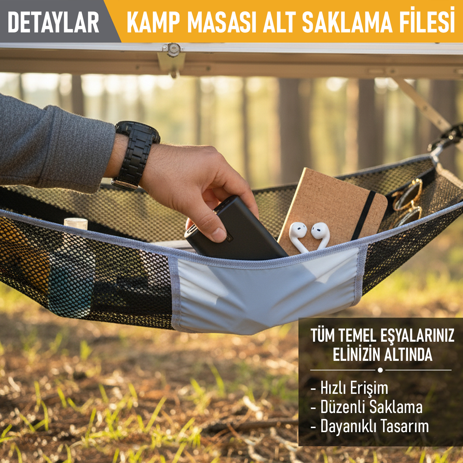 Masa Altı Saklama Filesi Kamp Piknik Outdoor için Masa Altı Kamp Malzemeleri Eşya Depolama Düzenleyici Organizer Kese Hurç File - M - 45x45 cm - Gri 6