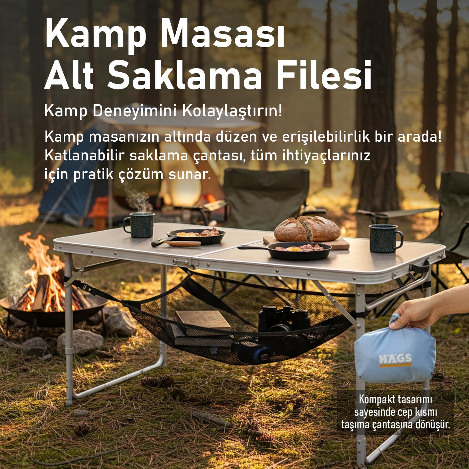 Masa Altı Saklama Filesi Kamp Piknik Outdoor için Masa Altı Kamp Malzemeleri Eşya Depolama Düzenleyici Organizer Kese Hurç File - M - 45x45 cm - Gri 8